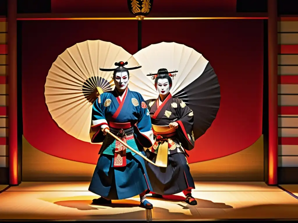 Espectacular escenario de teatro Kabuki con fusión espíritu samurái técnicas modernas, actores en trajes coloridos y maquillaje impactante