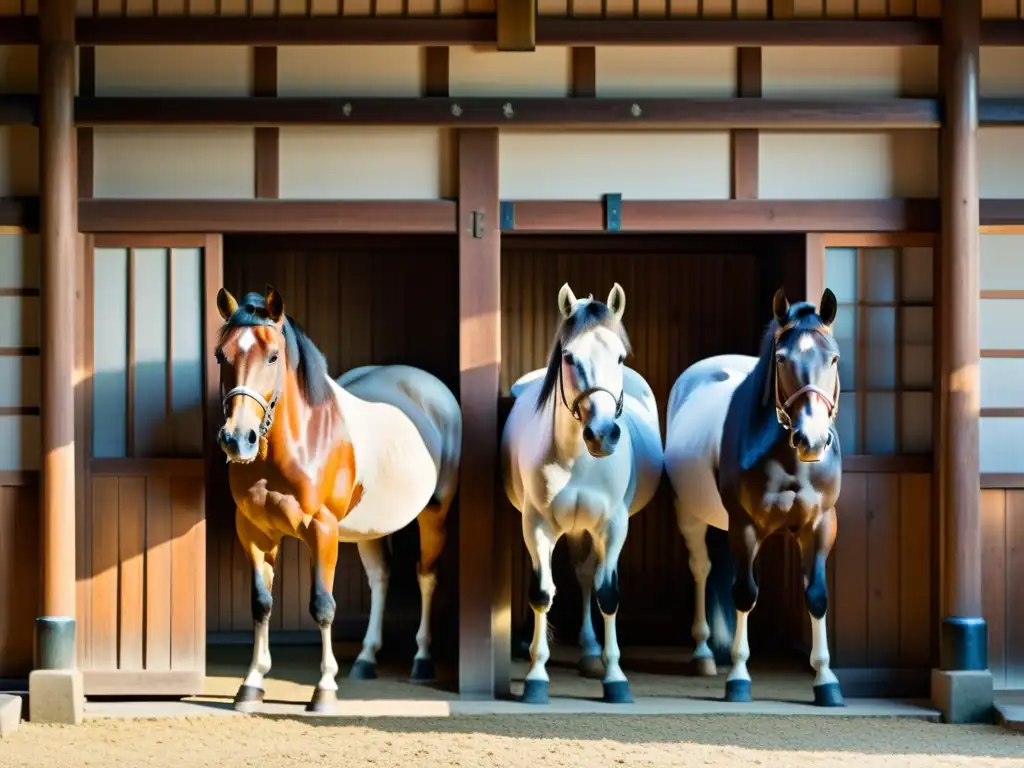 Espectacular establo japonés con saludables caballos samuráis, reflejando la sociedad y la tradición samurai