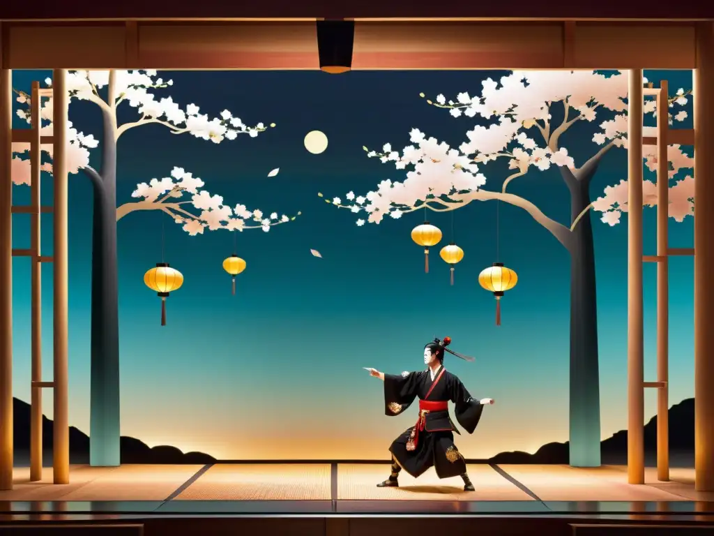 Espectáculo de Kabuki contemporáneo fusiona espíritu samurái con técnicas modernas en un escenario iluminado por faroles japoneses