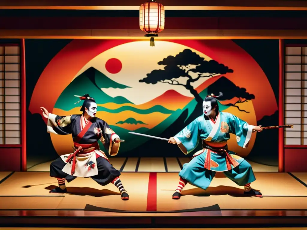 Espectáculo de Kabuki con influencia del teatro en samurái: escena vibrante con decoraciones coloridas, trajes elaborados y dramática iluminación