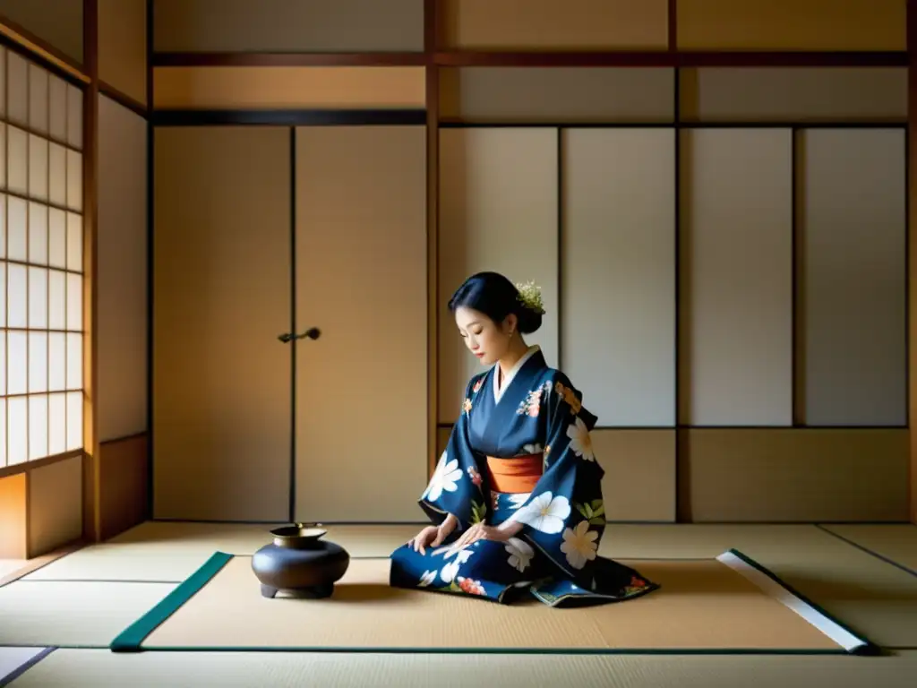 Una esposa samurái con kimono elegante arregla flores en una serena habitación tatami, capturando el rol de la esposa samurái