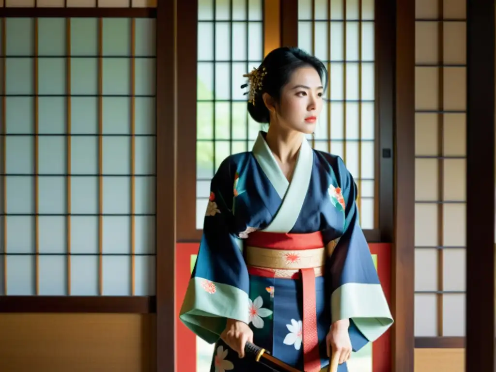 Una esposa samurái con kimono vibrante sostiene una katana en casa japonesa, mostrando su rol de esposa samurái con fuerza y gracia