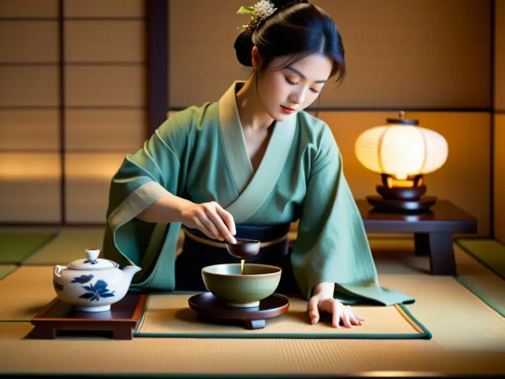 Una esposa samurái realiza con gracia la ceremonia del té, mostrando contribuciones ocultas de las esposas samurái en la cultura japonesa