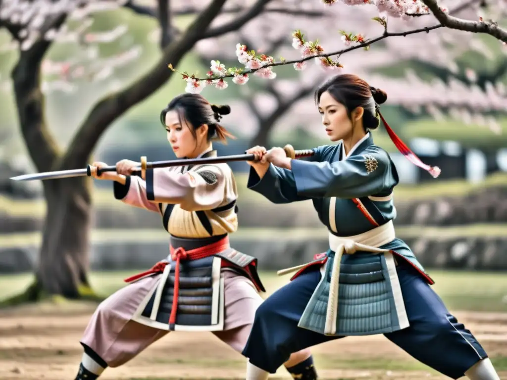 Esposas samurái practicando artes marciales entre cerezos en flor, mostrando contribuciones ocultas de mujeres guerreras