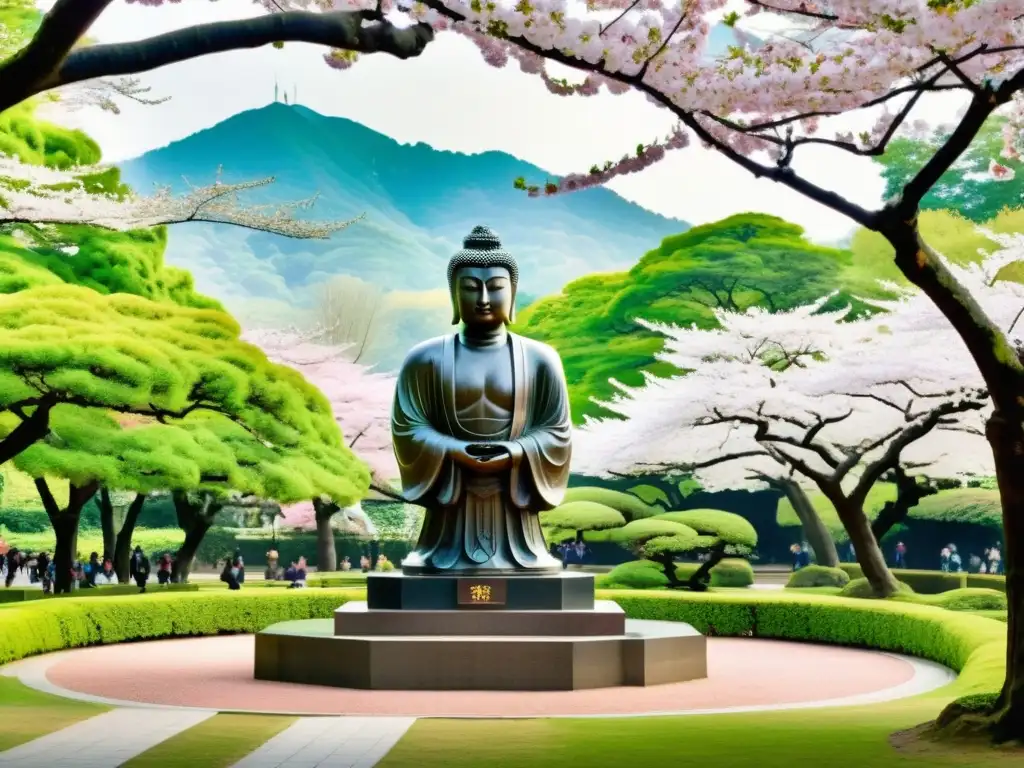 Estatua de Tokugawa Ieyasu rodeada de cerezos en flor y exuberante vegetación en Parque Kairakuen, evocando cultura samurái