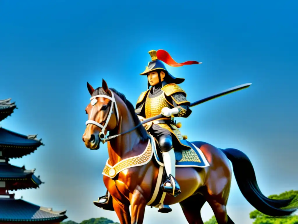 Estatua del legendario samurái Date Masamune a caballo en Sendai, Japón, evocando poder y determinación en un entorno de exuberante vegetación