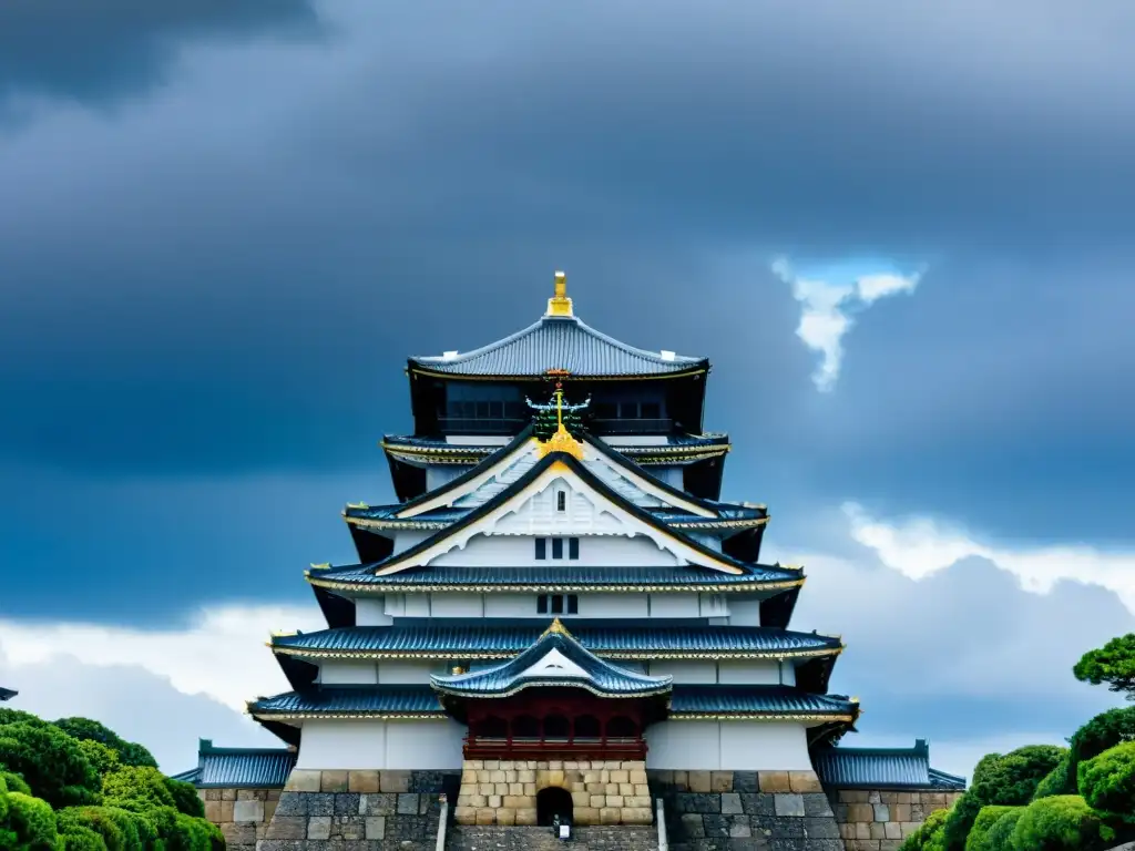 Estatua de Sanada Yukimura defendiendo Osaka Castle bajo cielos dramáticos