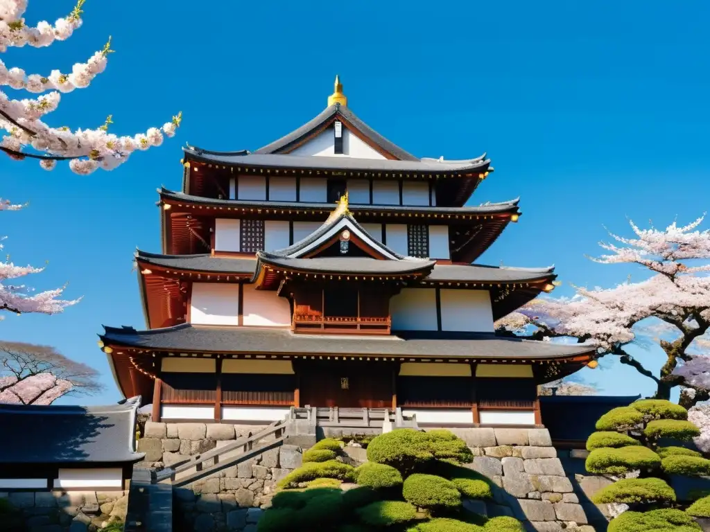 Estética impactante de un castillo samurái perfectamente conservado, rodeado de vibrantes árboles de cerezo en flor