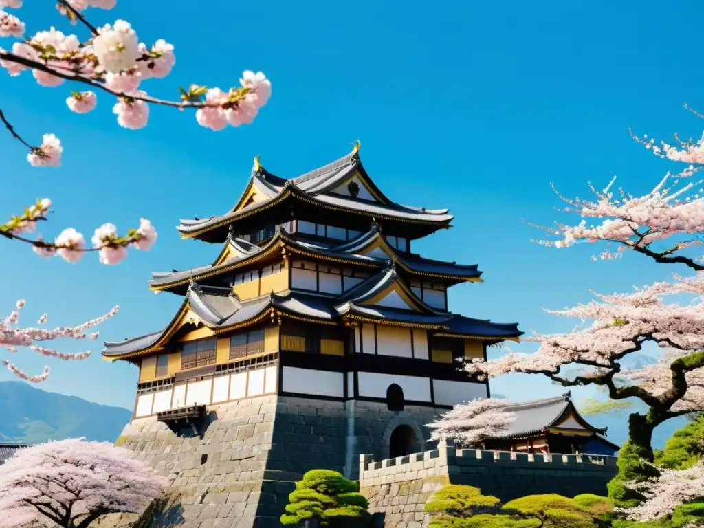 Estética impactante castillos samurái rodeado de cerezos en flor y cielo azul