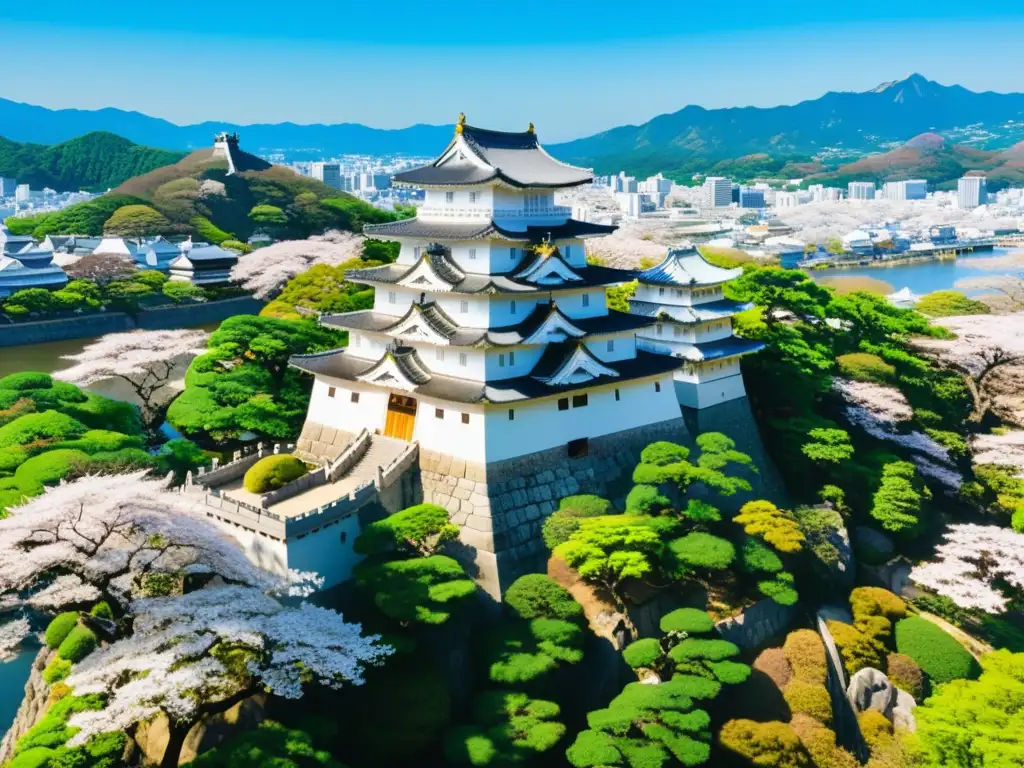 Estética impactante del majestuoso castillo samurái de Himeji, rodeado de exuberante vegetación y cerezos en flor, bajo el resplandor dorado del sol