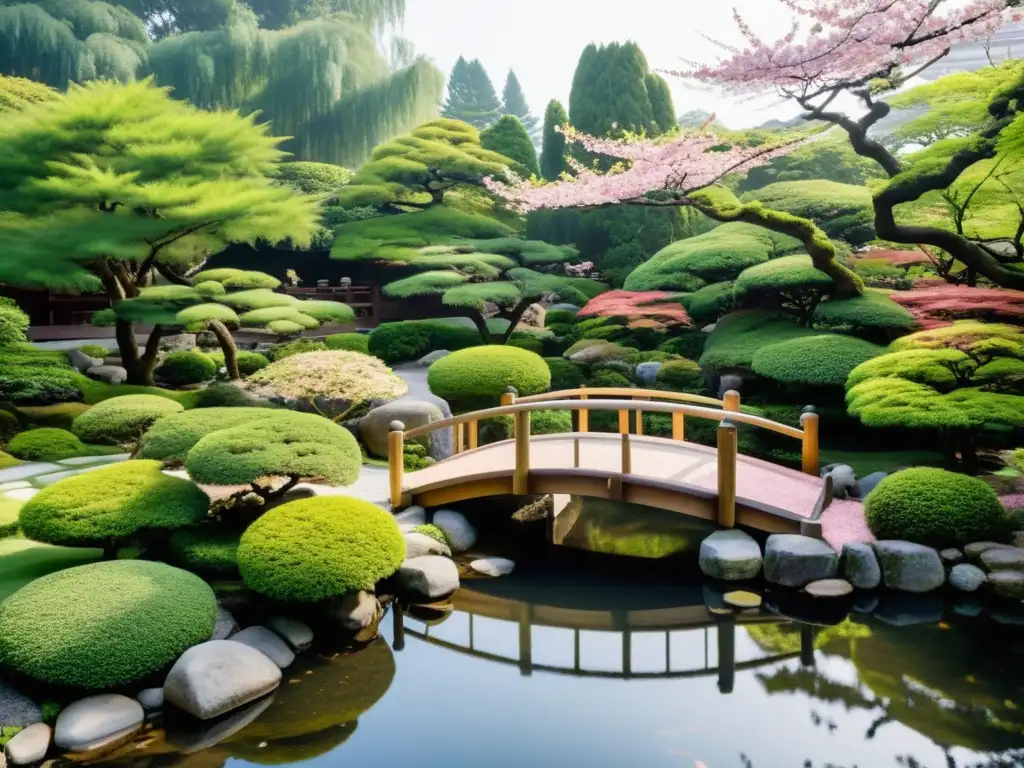 Estética samurái en jardines japoneses: un oasis de serenidad con un estanque, vegetación exuberante y un puente de madera