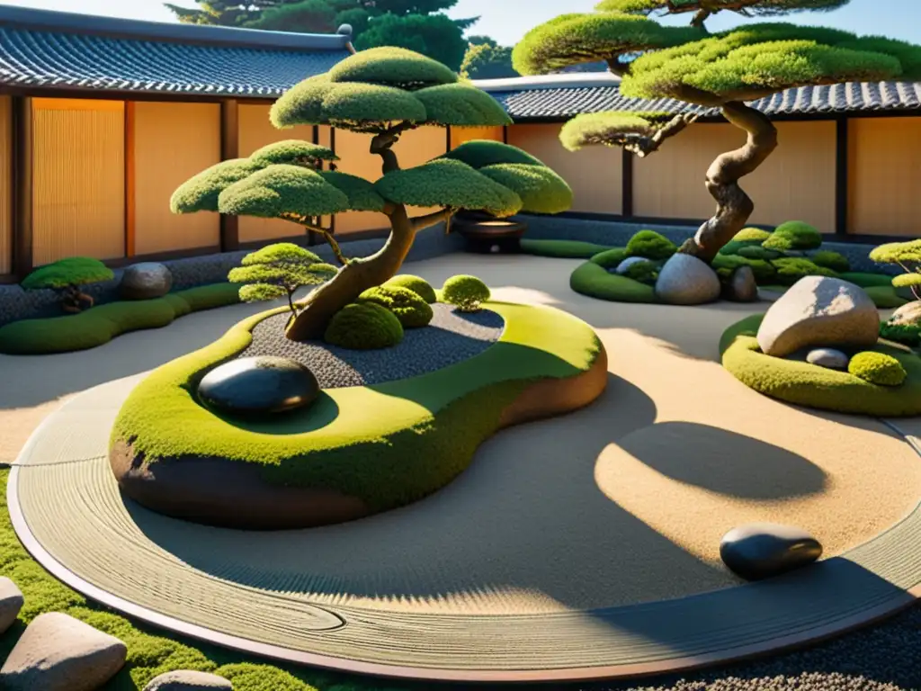 Diseño jardines estilo samurái: Un tranquilo jardín japonés con rocas, bonsáis y un bambú, bañado por la luz del atardecer