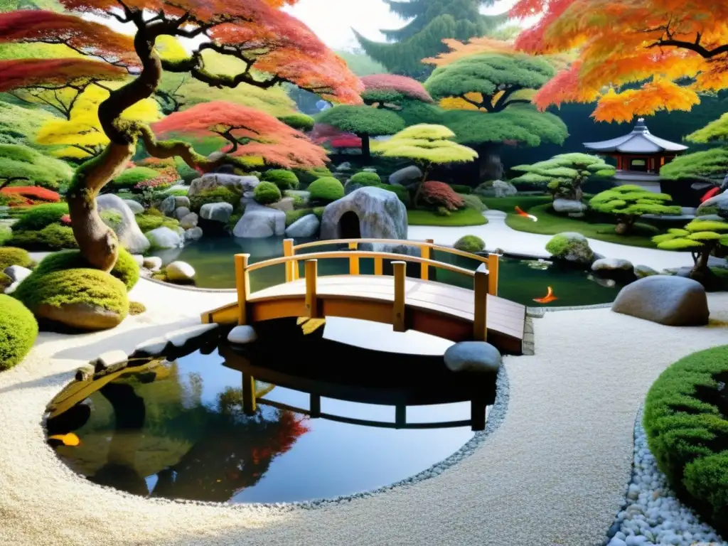 Diseño jardines estilo samurái: Jardín japonés tradicional con estanque, bonsái, puente de madera y coloridos peces koi