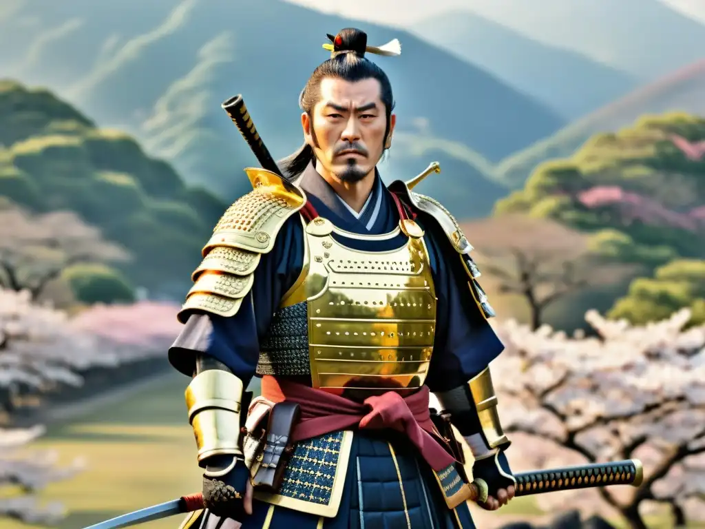 Estrategias de unificación de Japón de Tokugawa Ieyasu, representado en su armadura de samurái en un paisaje montañoso con guerreros leales