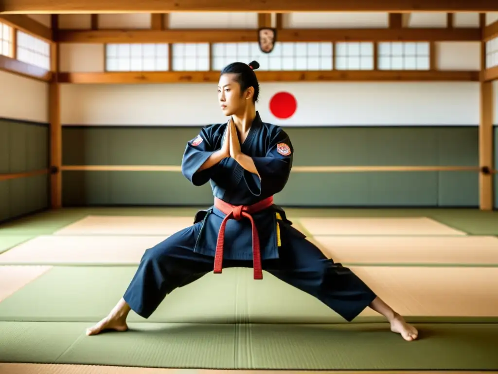 Estudiantes practicando artes marciales en un dojo moderno, con adaptaciones contemporáneas del samurai