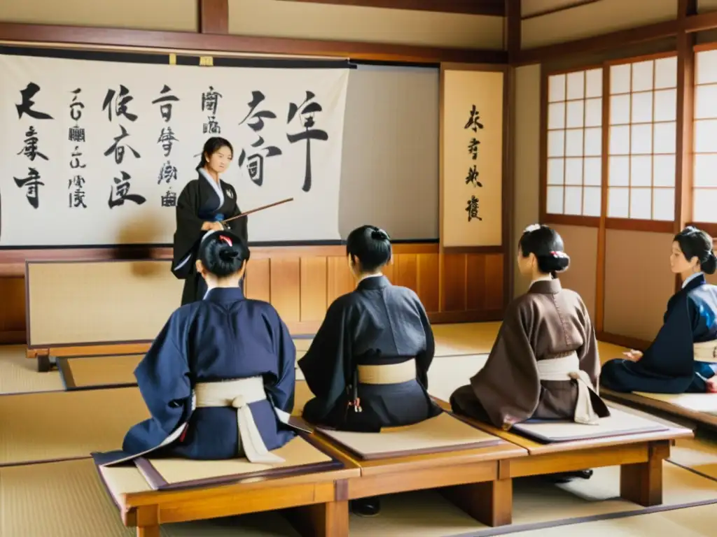 Estudiantes atentos en aula japonesa de la era Meiji, con maestro señalando kanji en pergamino