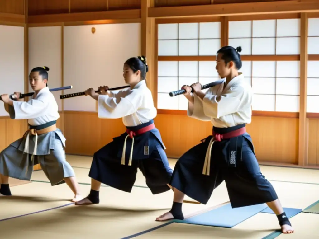 Estudiantes realizan katas Naginatajutsu en dojo tradicional con guía principiantes, concentración y determinación