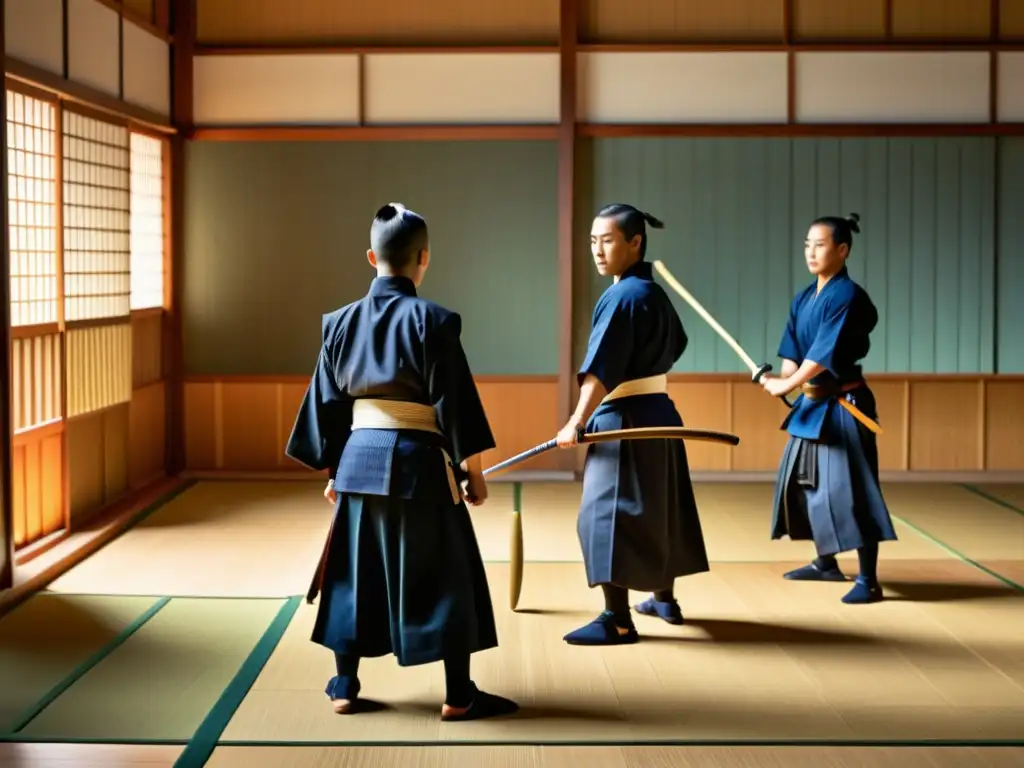 Estudiantes practican kendo en un dojo japonés, reflejando principios básicos del kendo para principiantes con disciplina y precisión