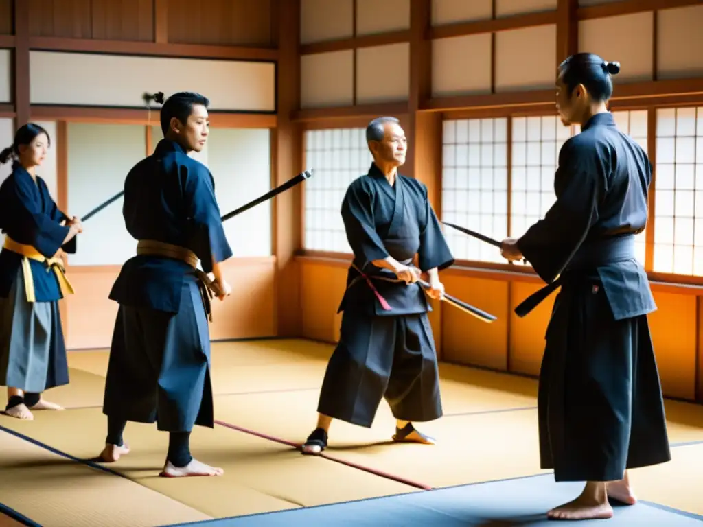 Estudiantes principiantes practicando Iaido en un dojo sereno, guiados por un sensei con precisión y gracia