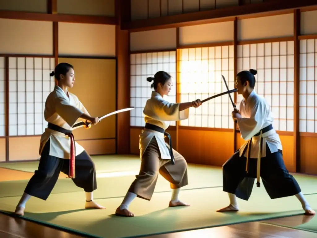 Estudiantes principiantes realizan katas Naginatajutsu en dojo tradicional con la guía del sensei