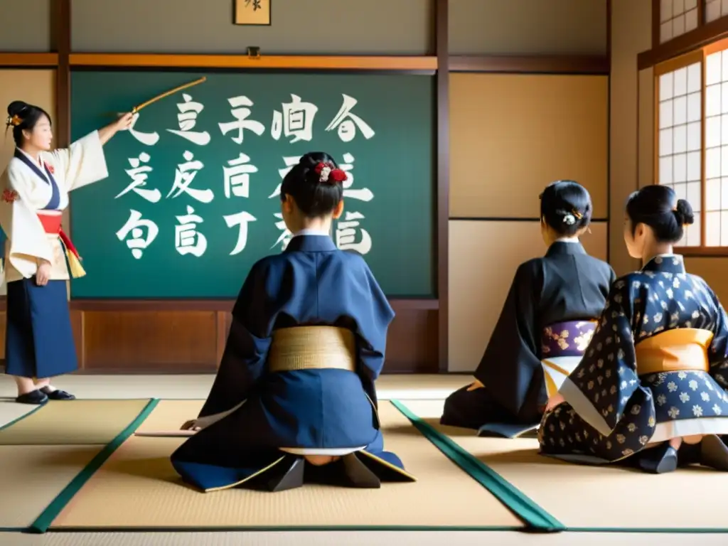 Estudiantes en ropa tradicional Meiji japonés muestran respeto a su maestro en aula iluminada, creando un ambiente educativo en la era Meiji