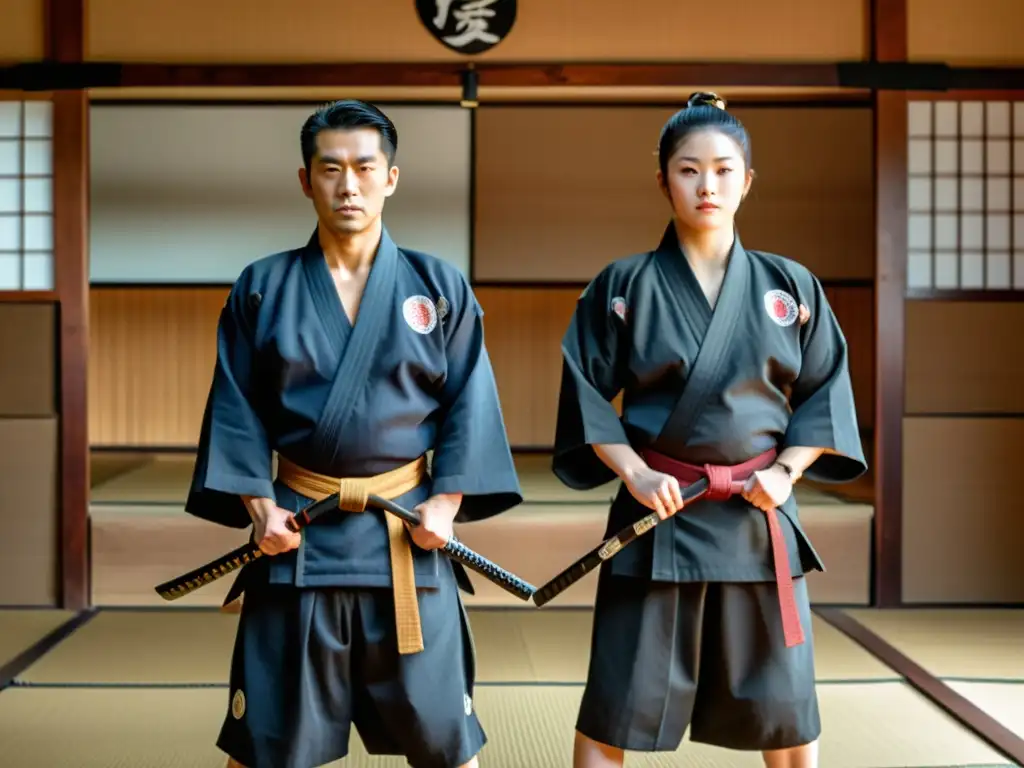 Estudiantes de samurái practican técnicas de seguridad personal en un dojo japonés tradicional, bajo la guía de un sensei experto