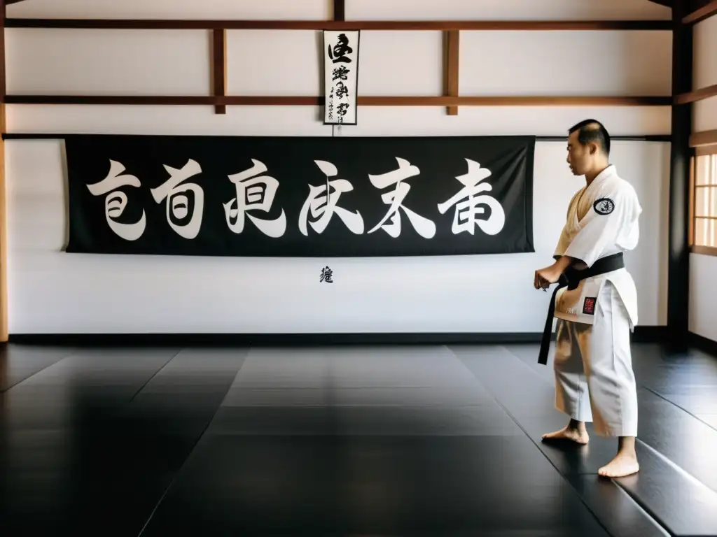 Estudiantes y sensei practican artes marciales en un dojo moderno, con simbolismo japonés