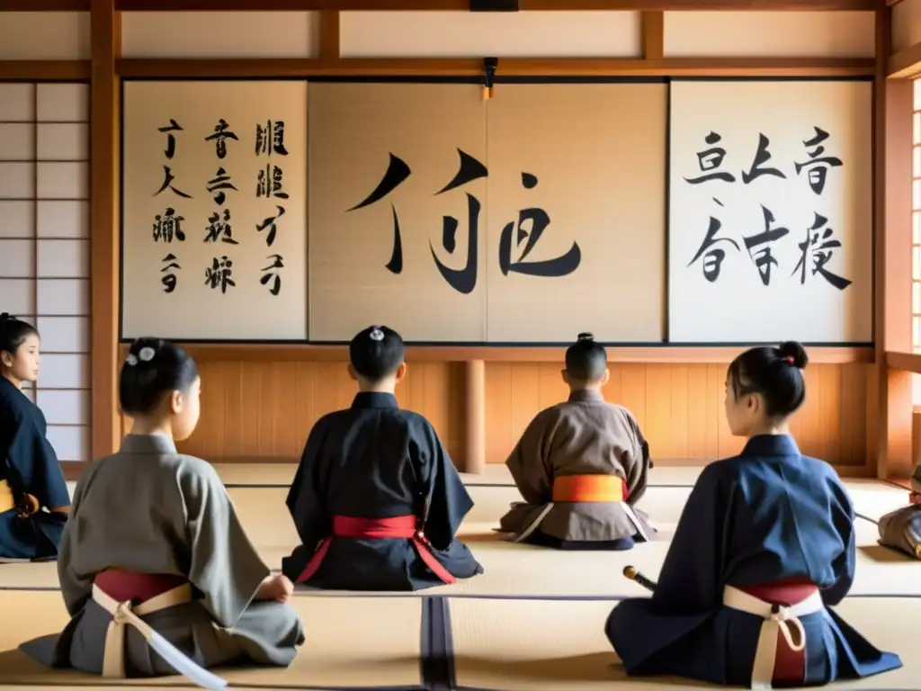 Estudiantes escuchan a un sensei en un dojo tradicional, destacando los principios del bushido en la era digital