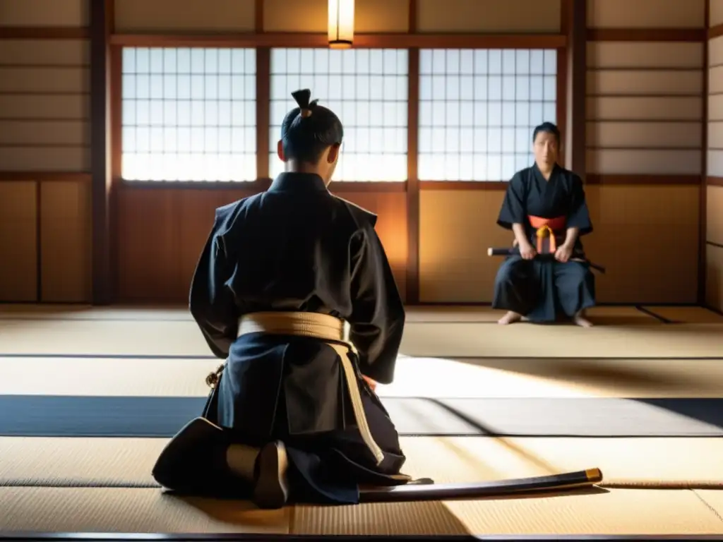 Estudiantes y sensei en escuela de samuráis de Obi, con katanas y ambiente tradicional japonés