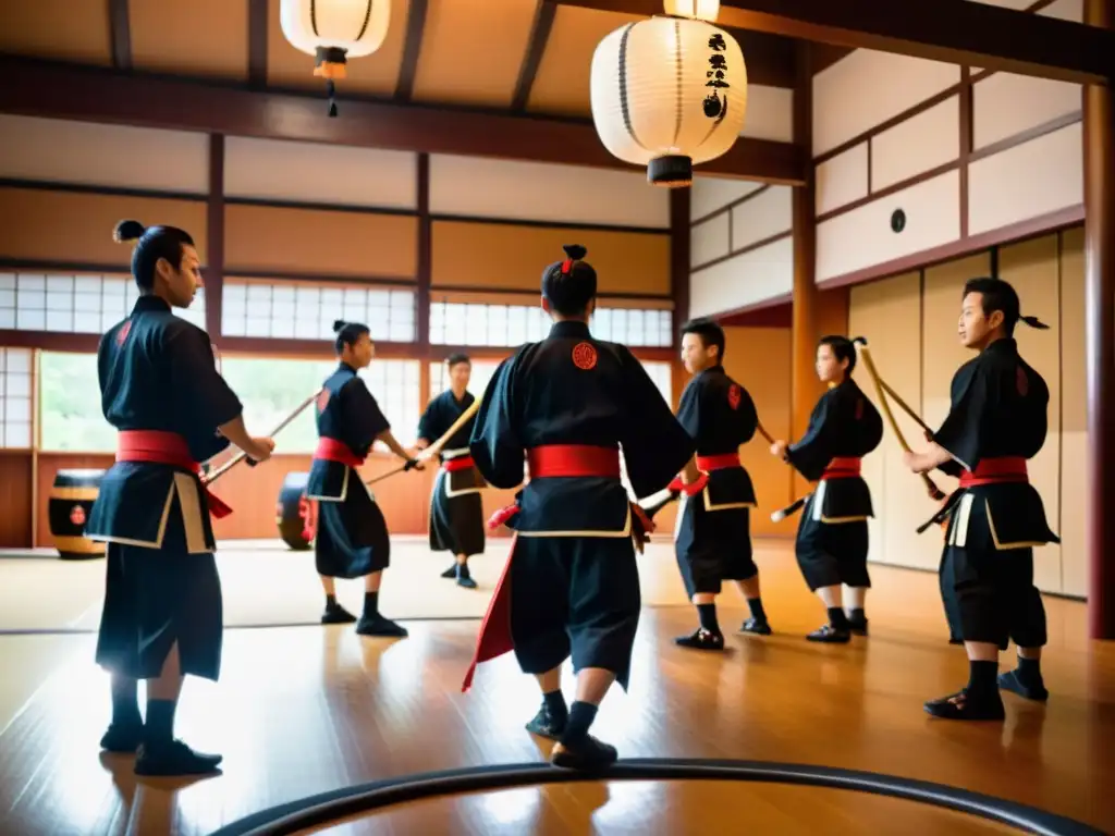 Estudiantes samuráis practican taiko en un dojo de madera con linternas de papel