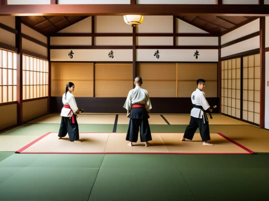 Estudiantes practican técnicas en un dojo de artes marciales con influencia de los ronin samuráis