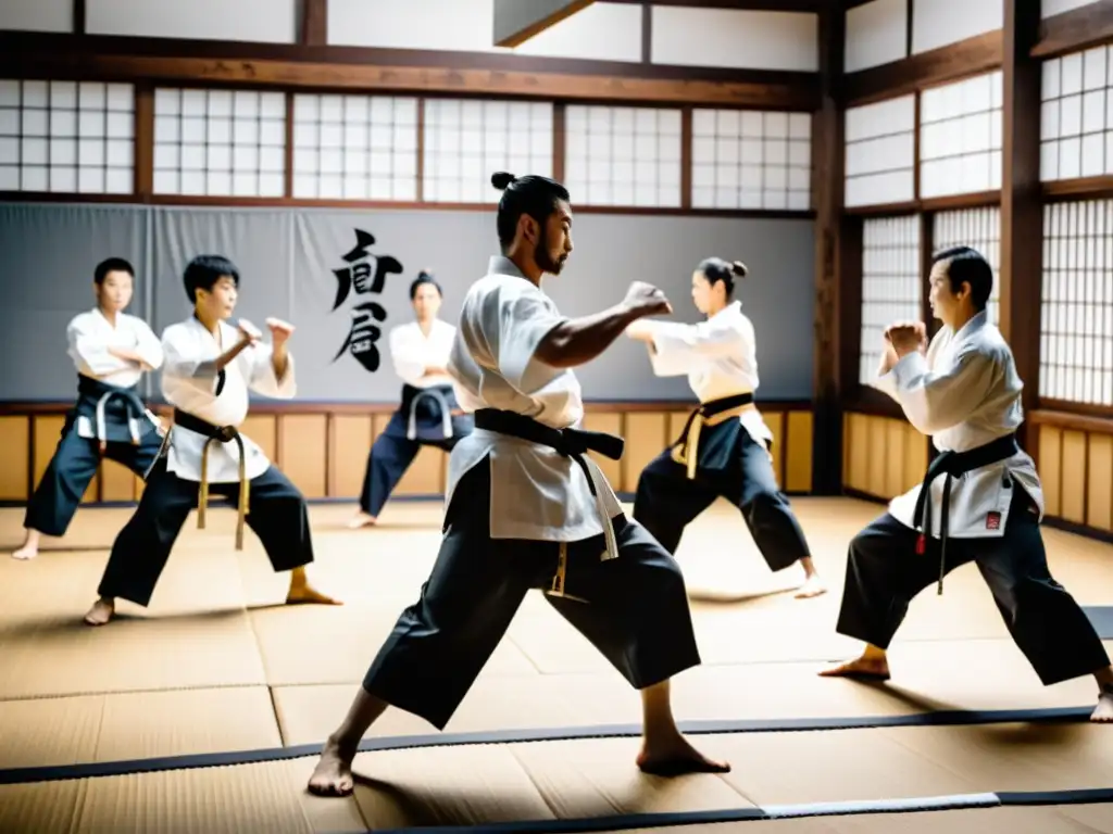 Estudiantes practican técnicas en un dojo de artes marciales, interpretando el Libro de los Cinco Anillos con reverencia y disciplina