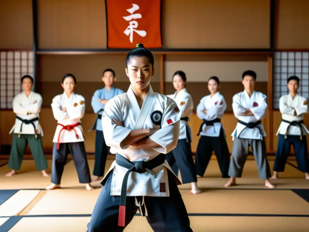 Estudiantes en gi practican técnicas de espada en un dojo moderno, reflejando la influencia samurái en etiqueta y disciplina