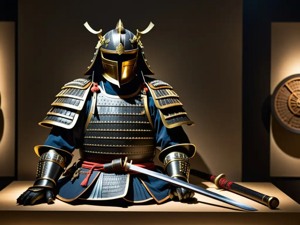 Armadura y armas samurái: legado en la penumbra Una exhibición de armadura y armas samurái antiguas en un museo tenue, evocando reverencia por 'Los últimos ronin en la era moderna'