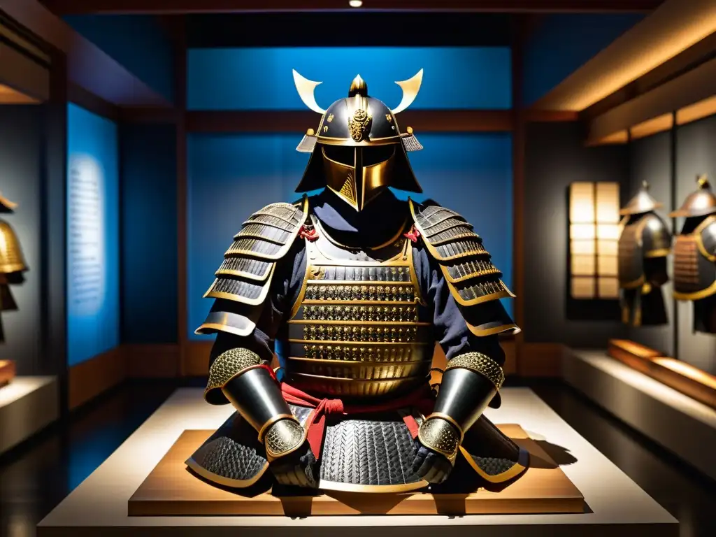 Una exhibición de armaduras samurái en un museo japonés, con detalles intrincados y una atmósfera dramática