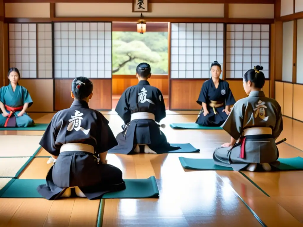 Exhibiciones técnicas espada samurái en tradicional dojo japonés con estudiantes atentos y sensei demostrando técnica