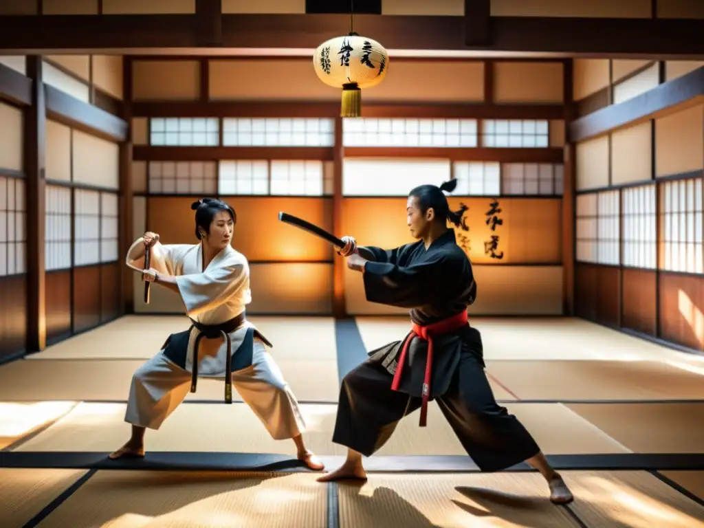 Experiencia inmersiva en Artes Samuráis en un dojo japonés tradicional con entrenamiento, espadas y luchadores en vestimenta tradicional