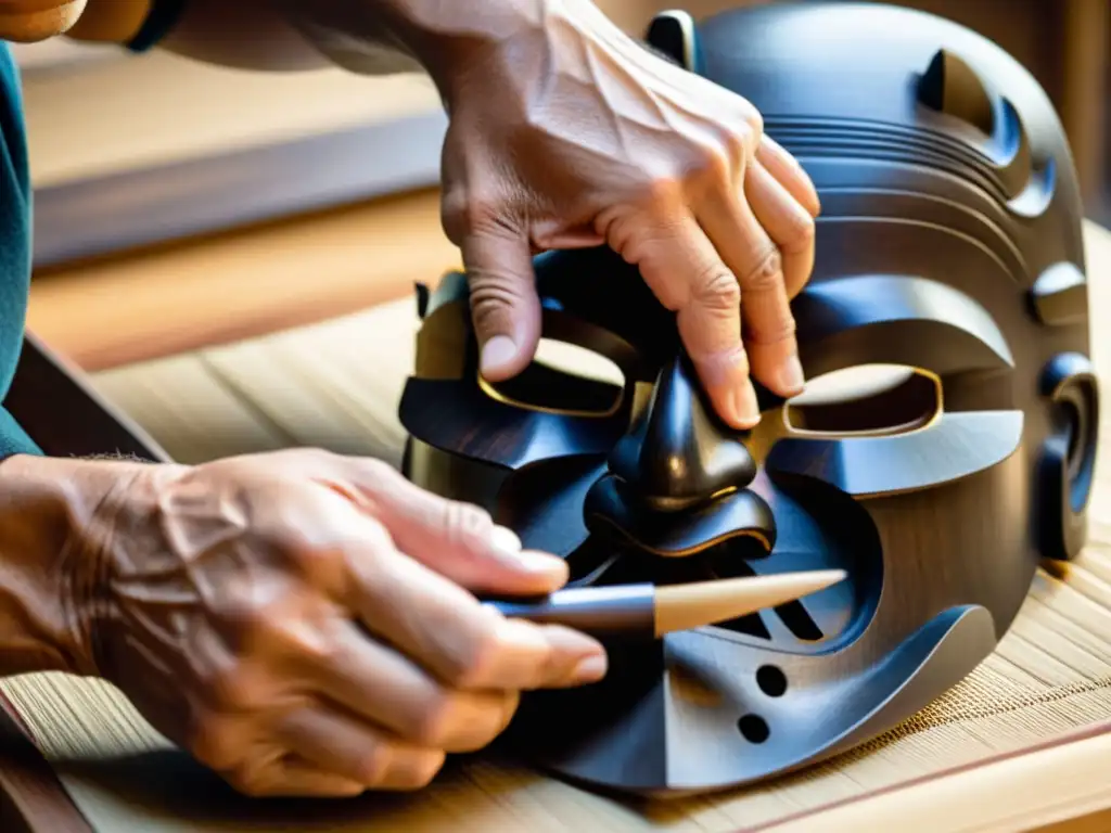 Las experimentadas manos del artesano tallan con destreza una máscara samurái, resaltando la artesanía en la fabricación máscaras samurái artesanal