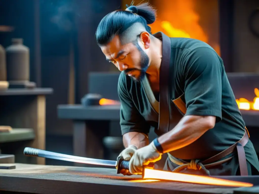 Un experimentado herrero forja con cuidado una hoja curva de katana, desmontando mitos sobre la katana con habilidad y precisión