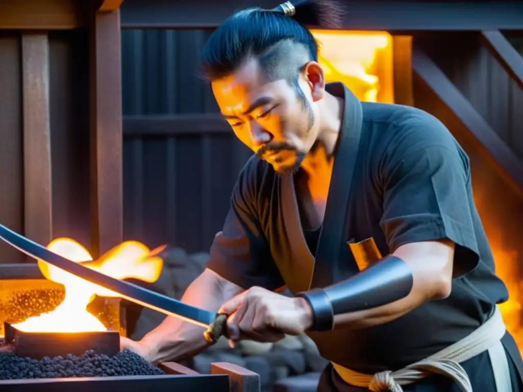 Un experimentado herrero forja con esmero una katana samurái en una antigua fragua japonesa, capturando la importancia estratégica de la Katana Samurai