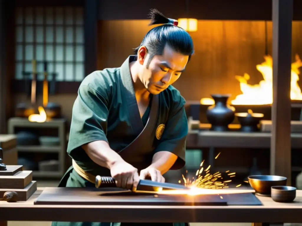 Un experimentado forjador de espadas samurái elabora una réplica con maestría, rodeado de herramientas y materiales