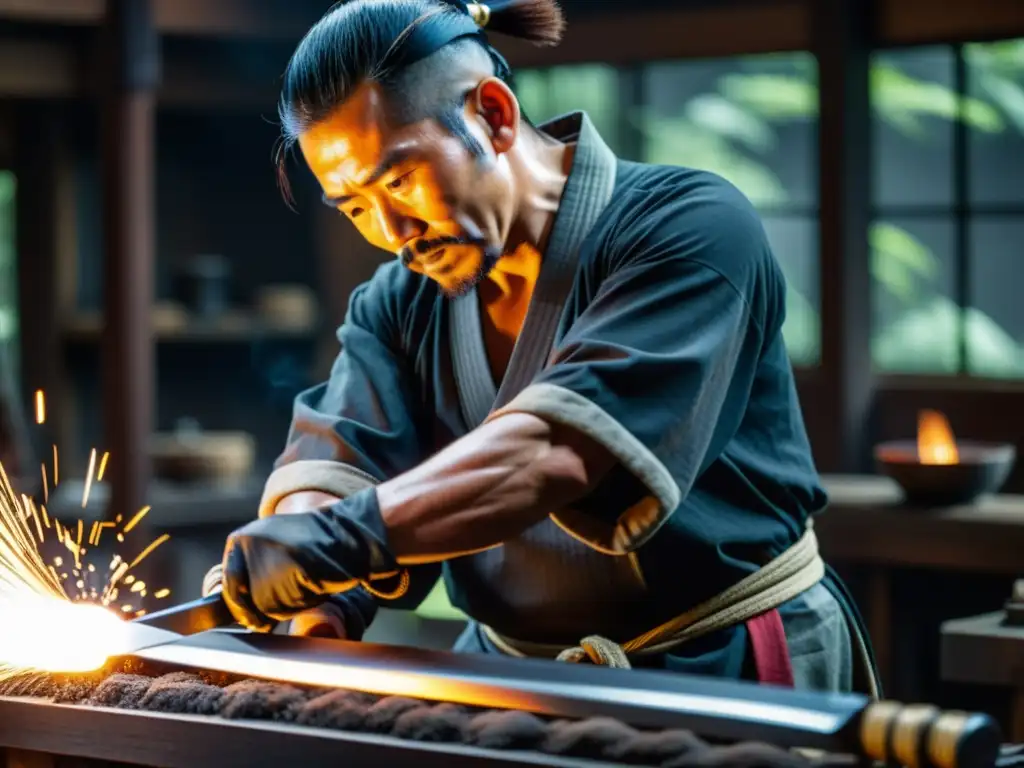 Un experimentado forjador japonés crea una espada samurái tradicional con precisión milimétrica, rodeado de herramientas y materiales tradicionales