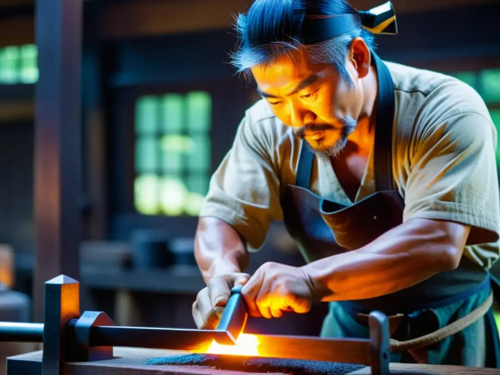 El experimentado herrero japonés forja con cuidado un wakizashi, mostrando la artesanía y la tradición de los tipos de wakizashi