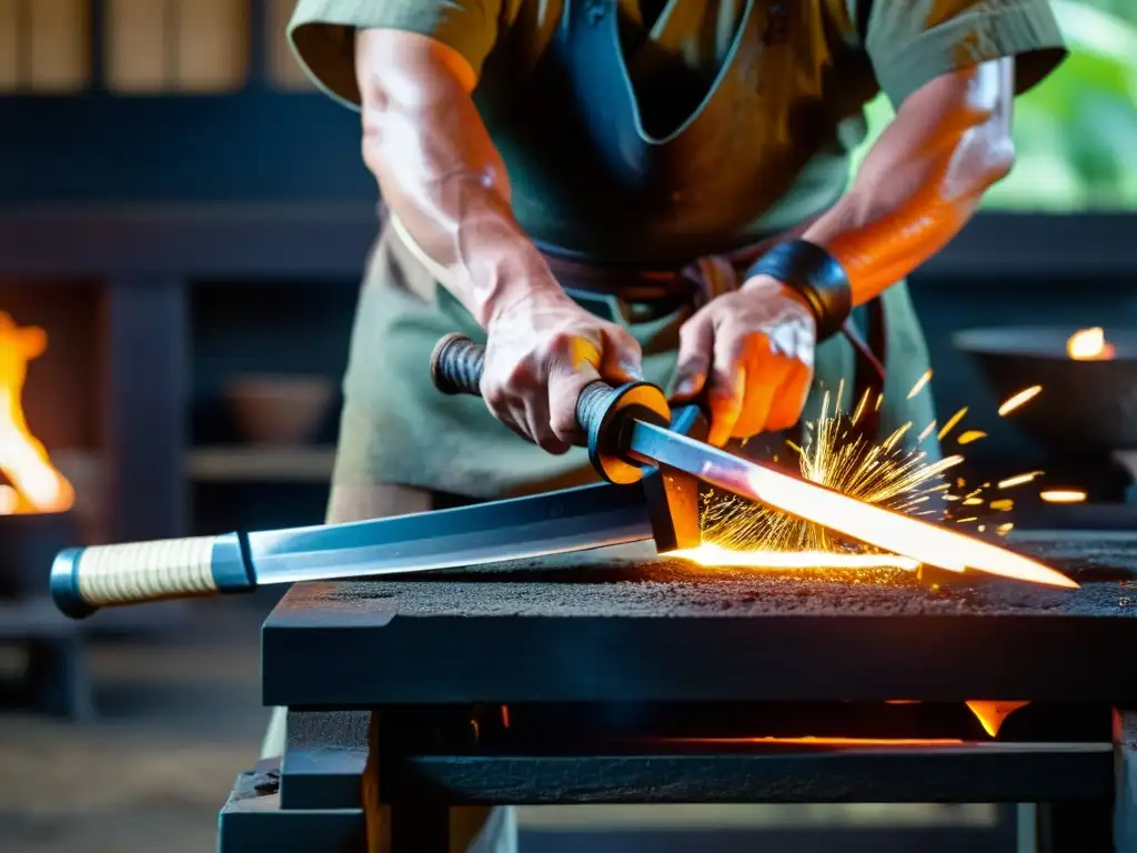 Un experimentado herrero japonés forja con destreza una katana, creando chispas hipnóticas y revelando el meticuloso arte de la espada samurái