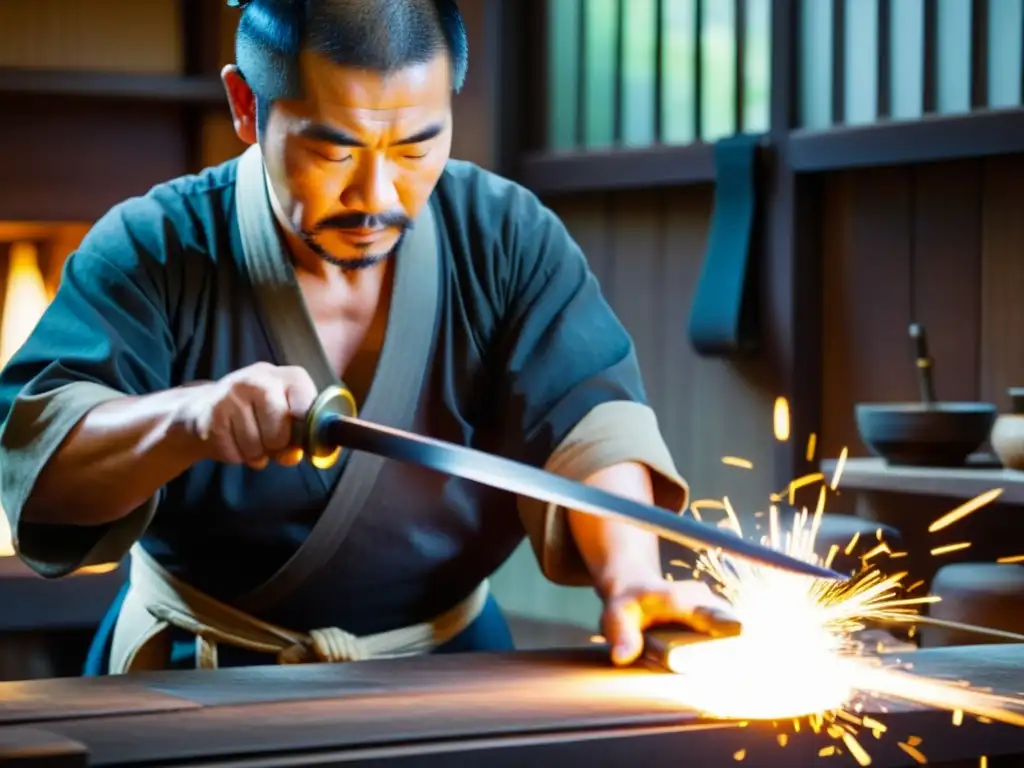 Un experimentado herrero japonés forja con destreza una espada samurái antigua, con chispas volando mientras da forma al metal