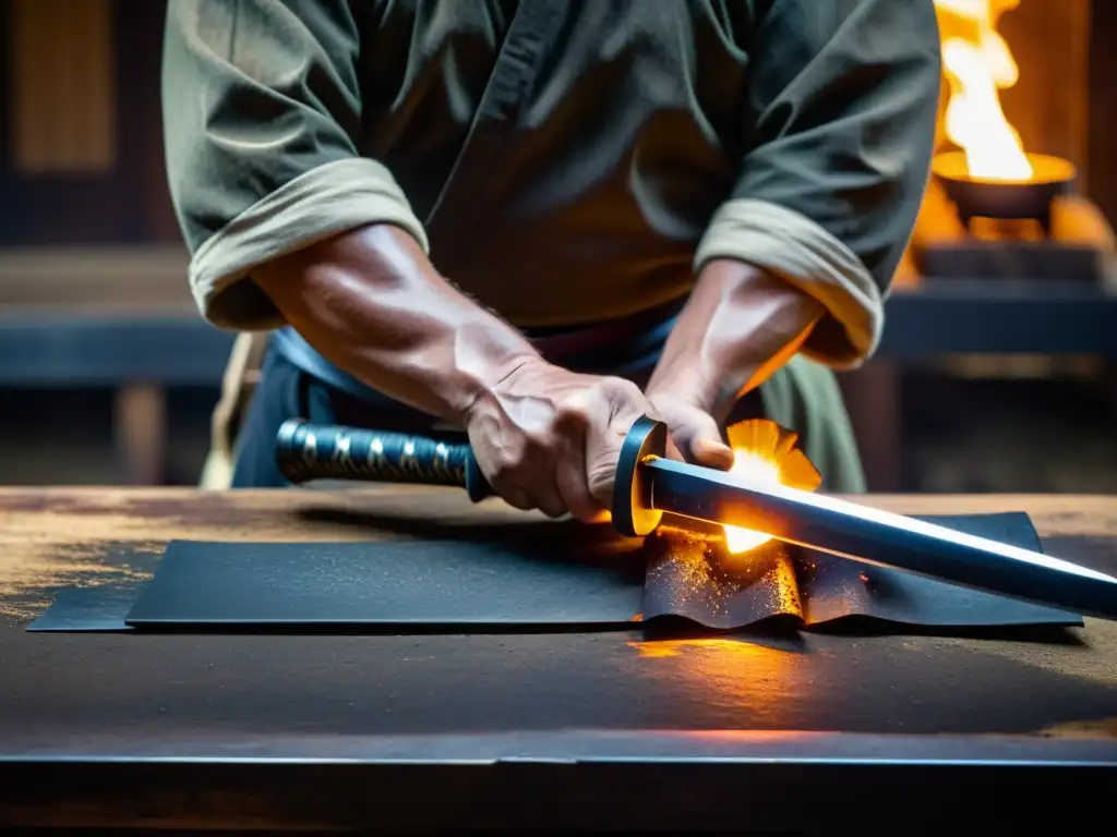 El experimentado herrero japonés trabaja con meticulosidad para forjar una katana tradicional, mostrando el proceso completo de creación en su taller