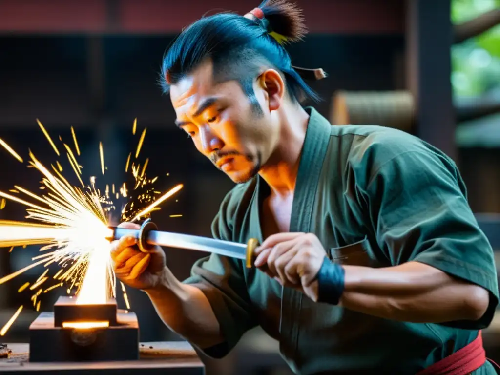 Un experimentado herrero japonés forja con precisión una espada katana, con chispas volando mientras el acero incandescente es martilleado y plegado