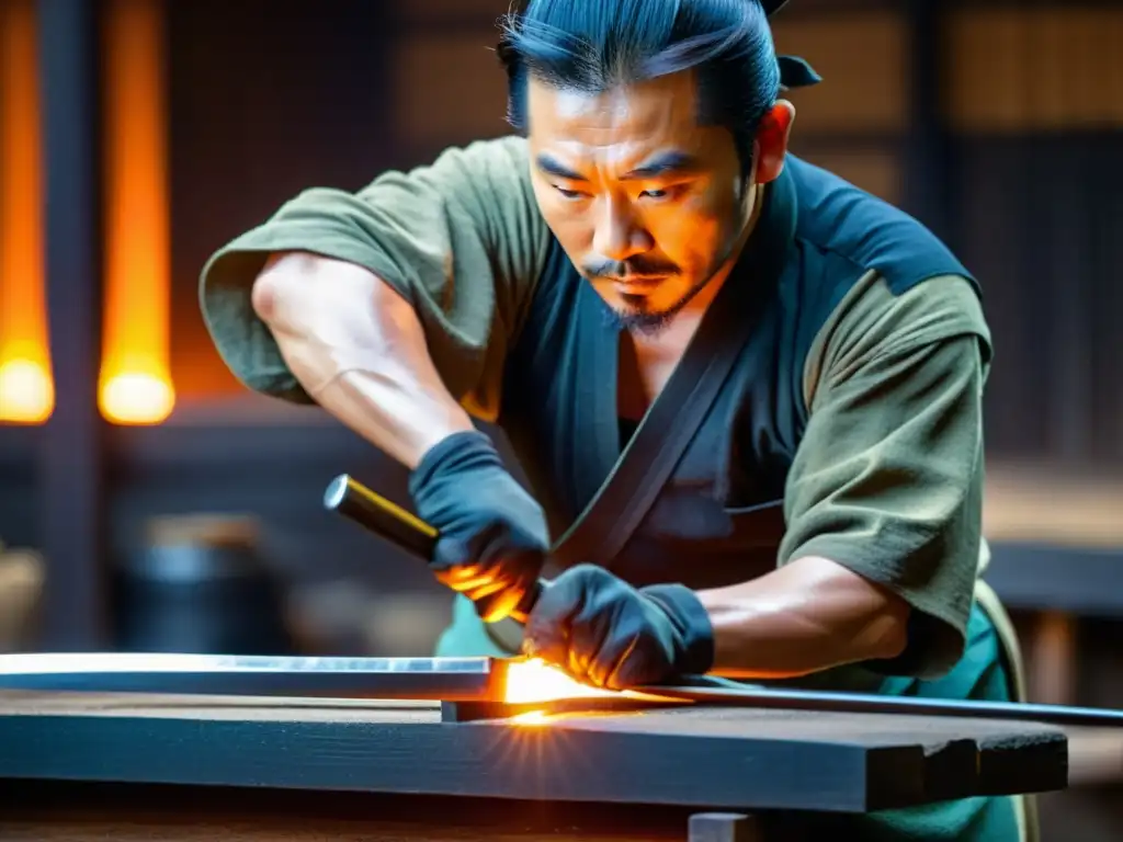 Un experimentado herrero japonés forja con precisión una katana samurái en su taller tradicional, sumergiendo al espectador en la antigua artesanía