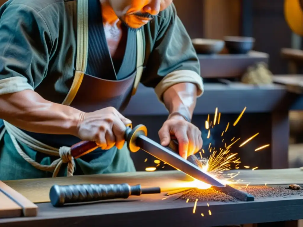 Un experimentado herrero japonés moldea con precisión una pieza de acero al rojo vivo, rodeado de herramientas tradicionales para forjar katanas