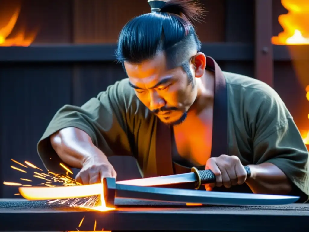 El experimentado herrero forja con maestría una katana samurái, en un taller lleno de calor y sonidos de la fragua